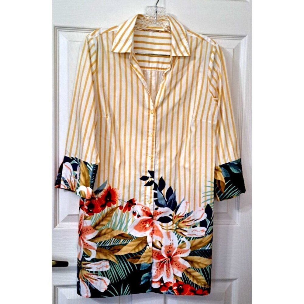 Soft Surroundings Women's M Multicolor 3/4 Sleeve Button Up Tunic Floral Stripe